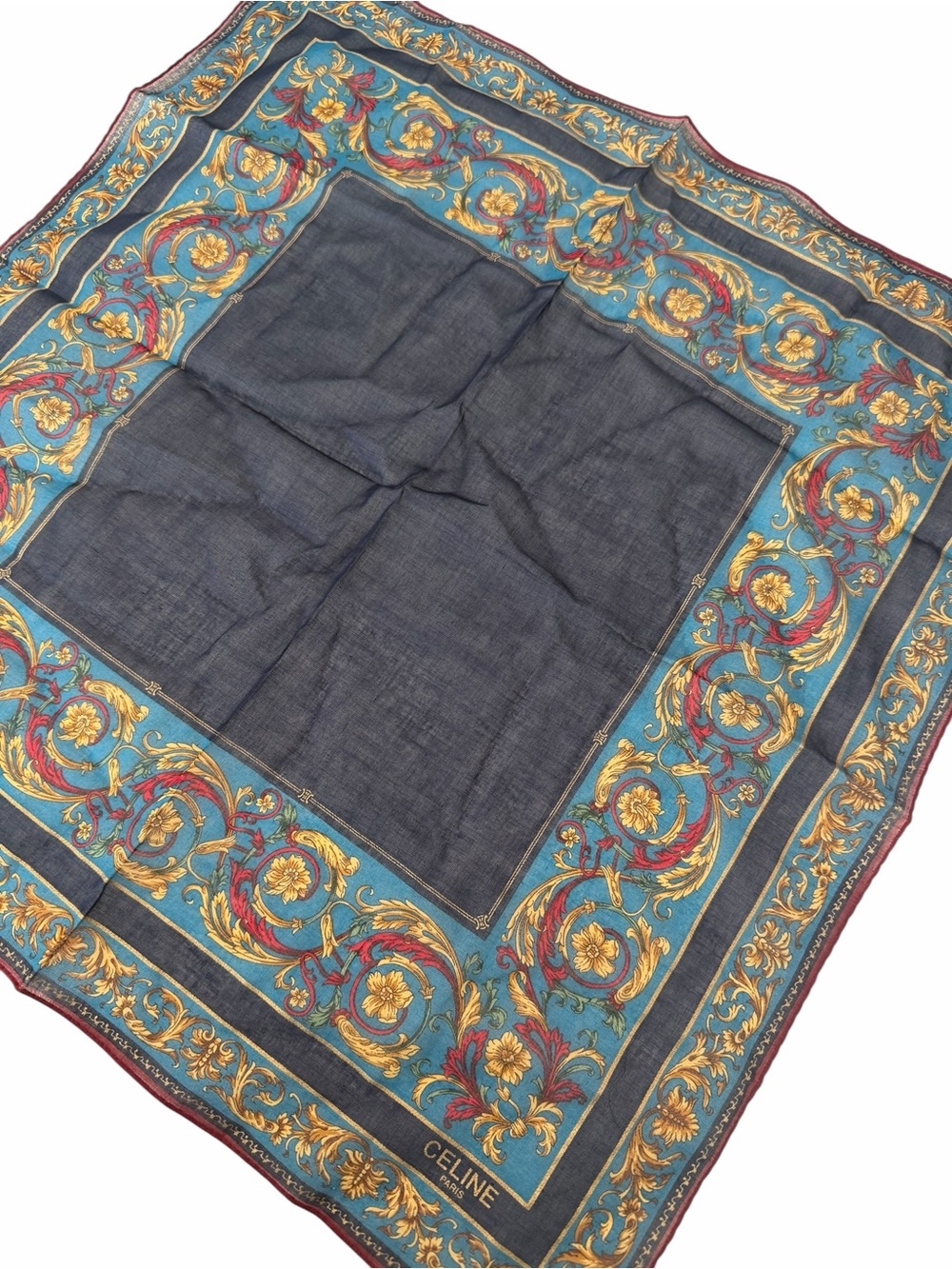 Celine Paris Baroque Vintage 80s-90s Cotton Scarf in Teal, Gold & Burgundy - Picture 4 of 4